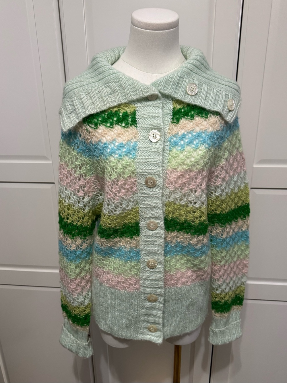 Free People Stripe Cardigan Pastel Green, Pink, Blue Shawl Collar Wool Blend  M